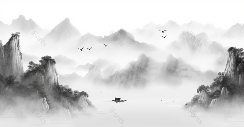 黑白色调山水风景水墨风背景图,插画/手绘图,插画/手绘图库,插画/手绘图下载,插画/手绘